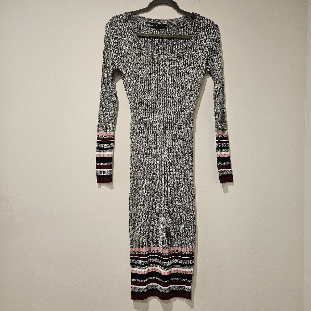 Almost Famous Gray Long Sleeve Dress with Pink and Black Stripes